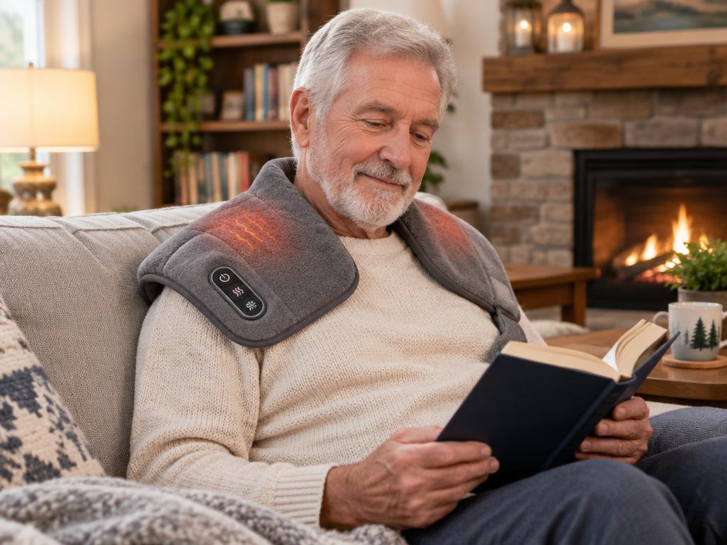 Man relaxing on sofa using the Kinessana shoulder massager